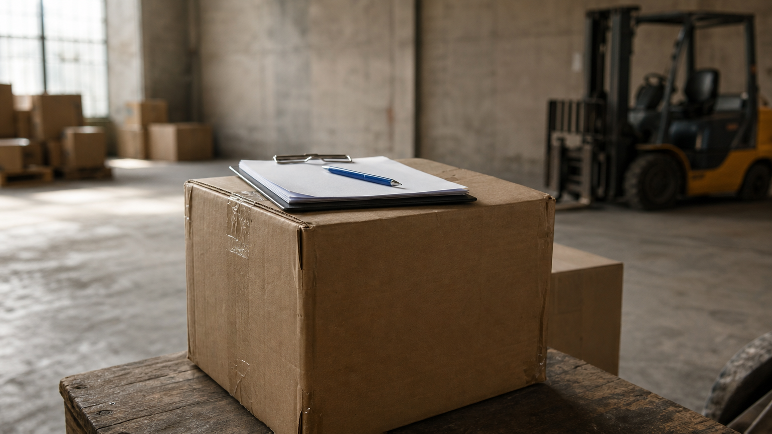 A warehouse with stacked shipping boxes, a clipboard, and a forklift in the background.
