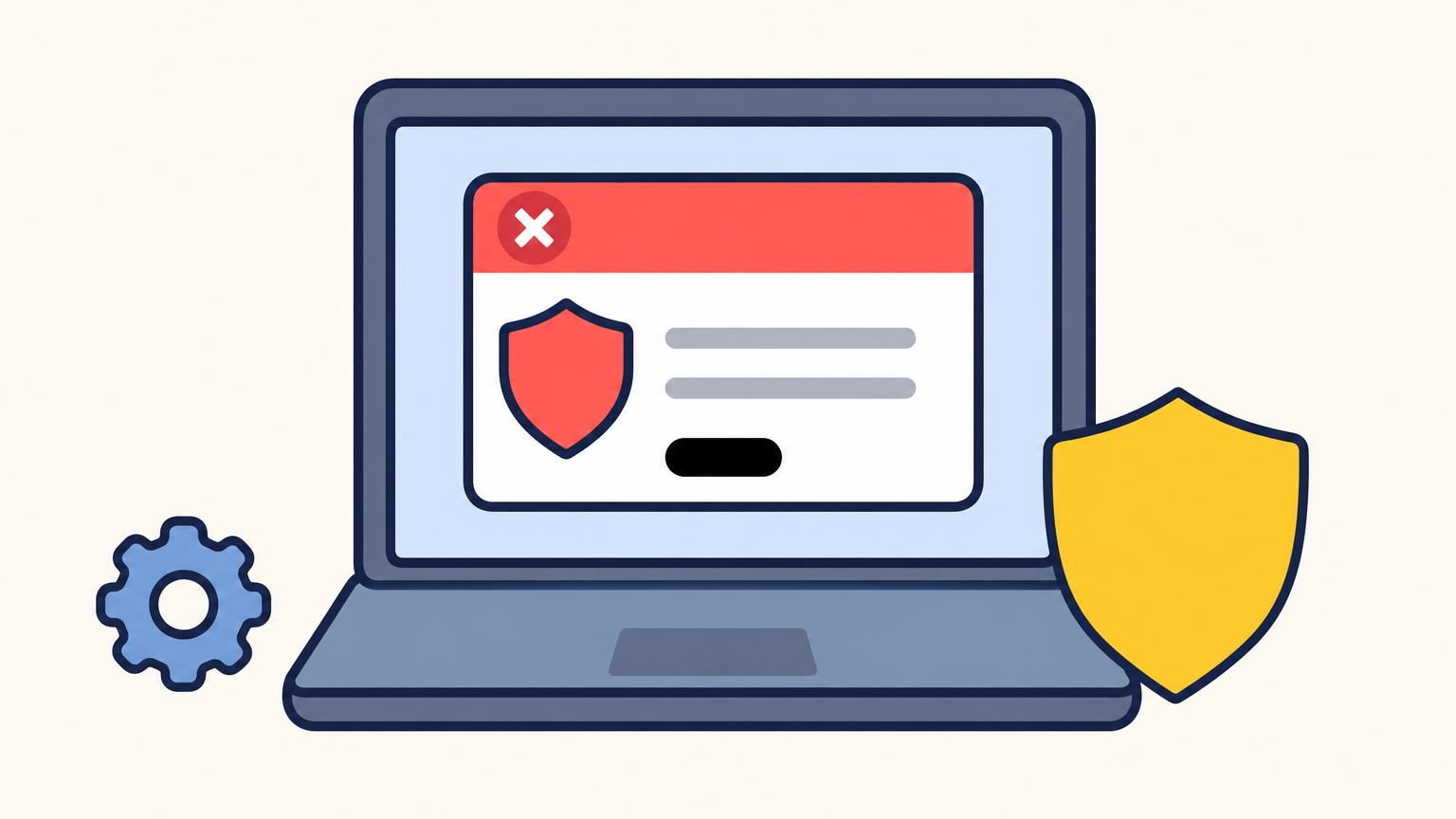 A laptop displays a blocked app installation warning triggered by built-in security software.