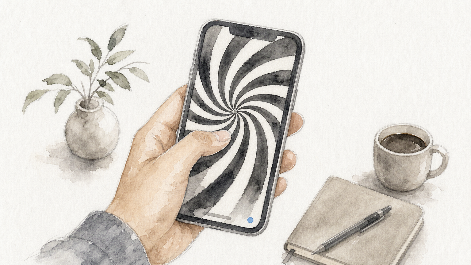 A hand holds a phone displaying a radial spinning spiral illusion pattern.