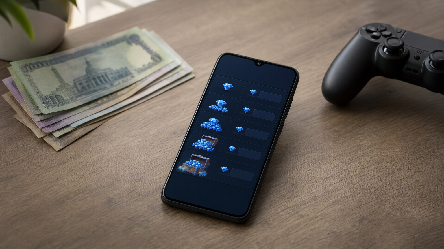 Smartphone showing diamond package choices beside taka notes and a game controller.