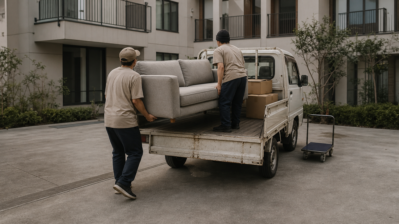 Two removalists lifting a sofa into a small tailgate truck outside a block of flats.