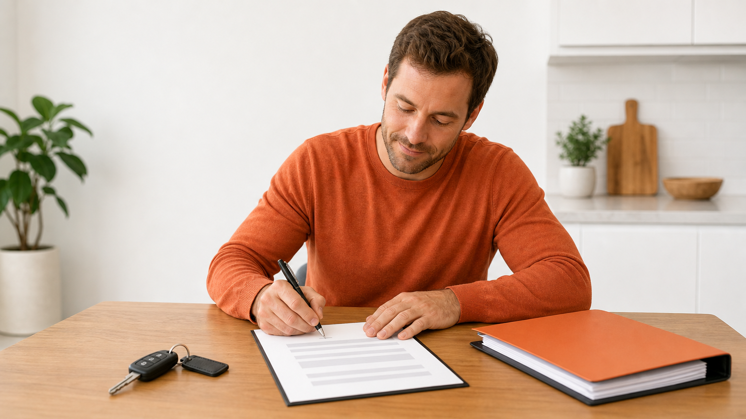 A person signs a vehicle title at a table next to a folder of paperwork and car keys.