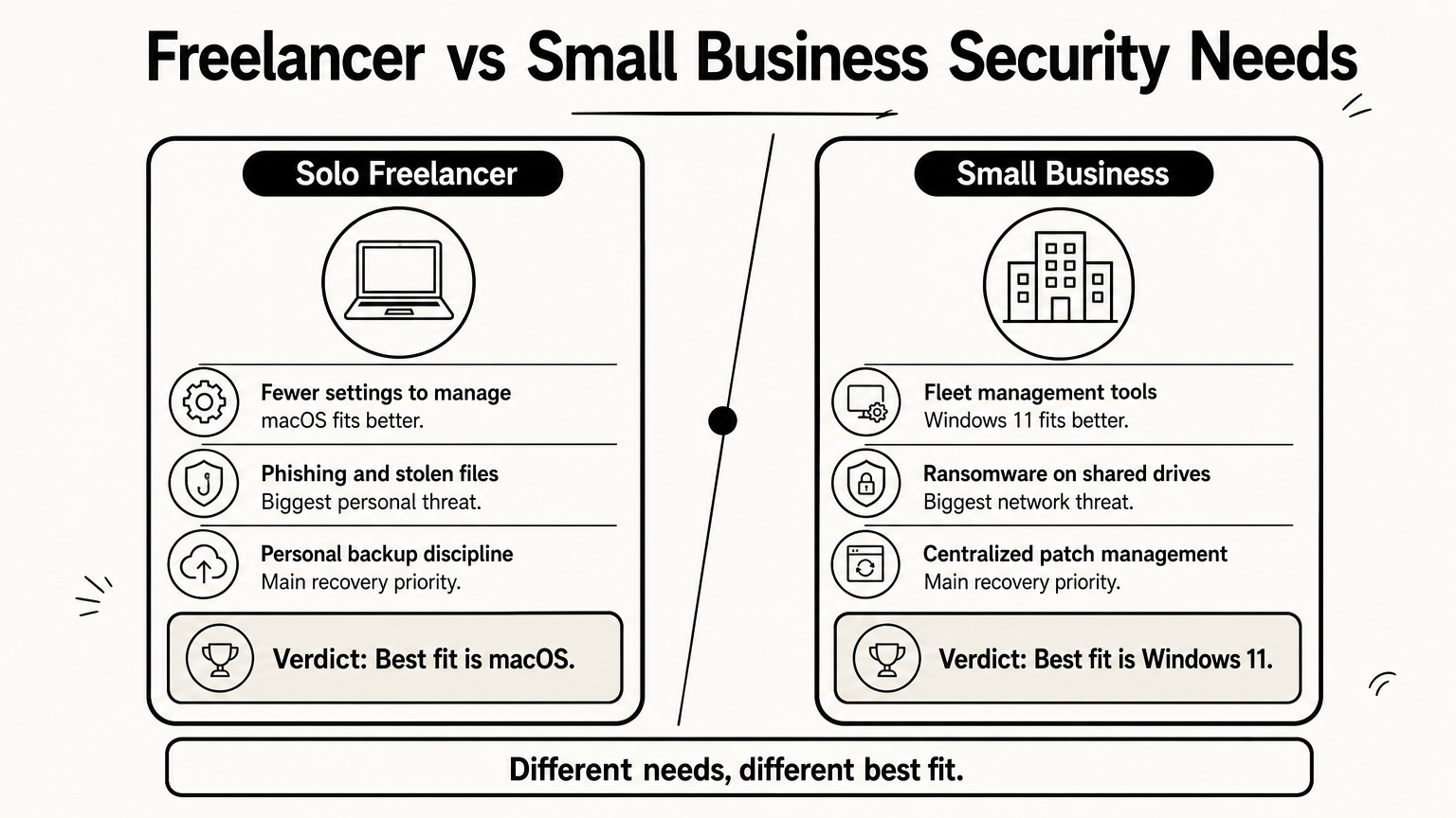 A comparison infographic contrasting security priorities for solo freelancers versus small businesses with multiple devices.