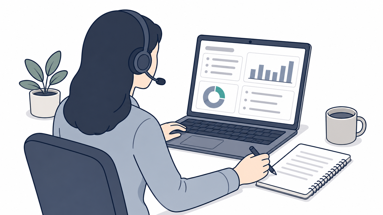 A remote worker wearing a headset sits at a desk during a video interview with a laptop and notepad.
