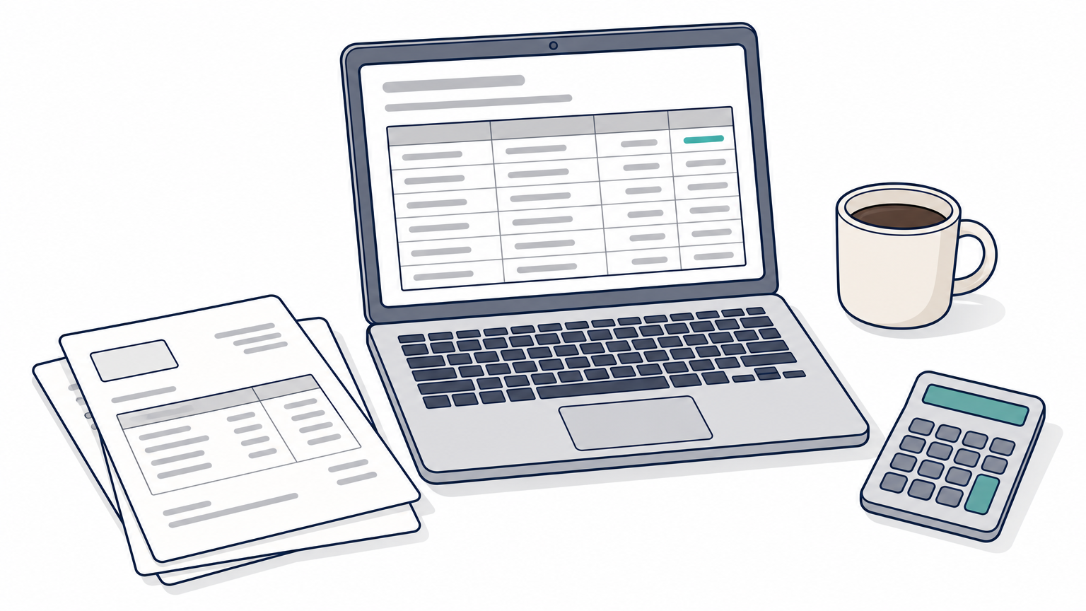 A desk with invoices, a calculator, and a laptop open to a billing spreadsheet.