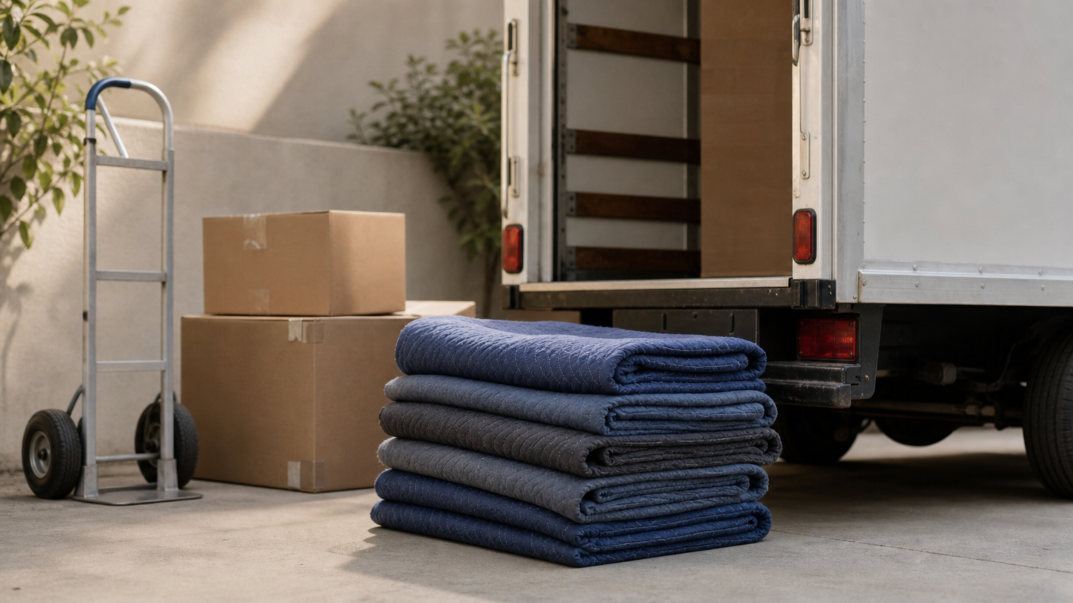 Moving blankets, a trolley and boxes stacked next to a compact removals truck.