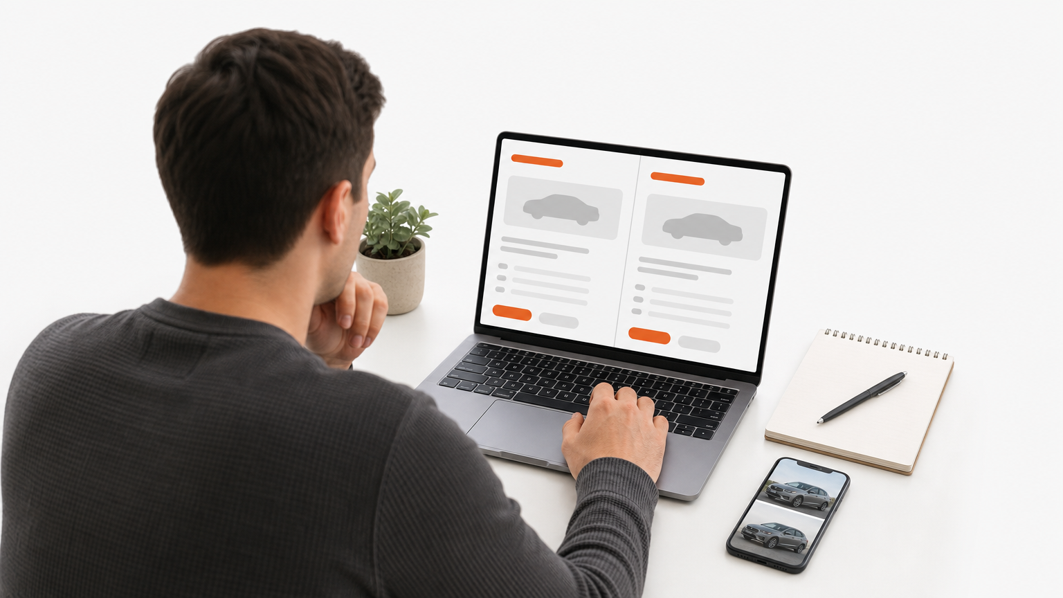 A person compares two car pricing websites on a laptop while holding a phone with car photos.