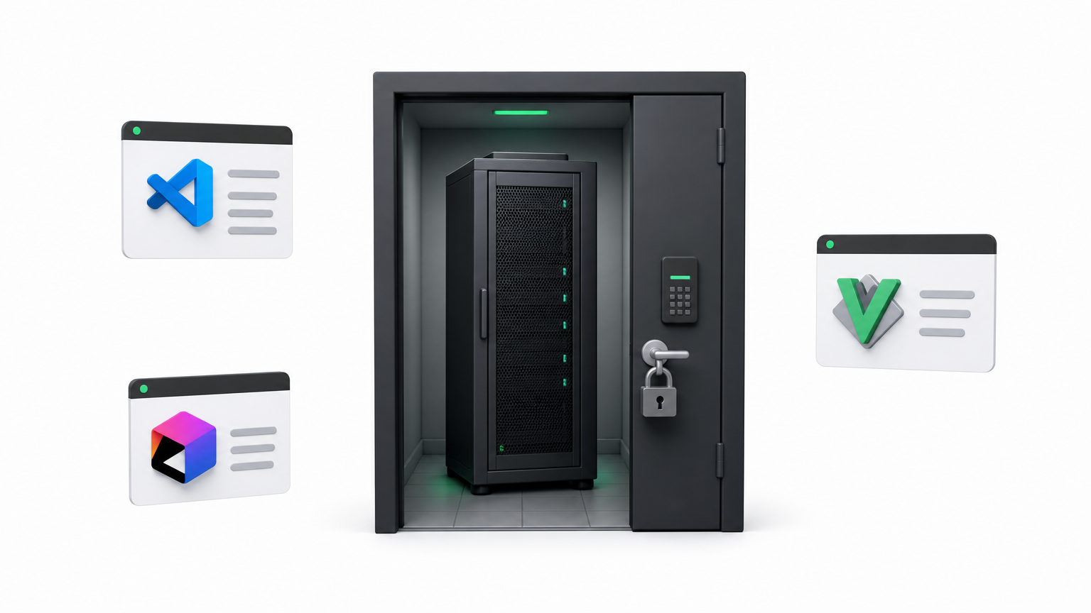 A server rack isolated in a locked room with no outside network connection, serving code completions to editor plugins.