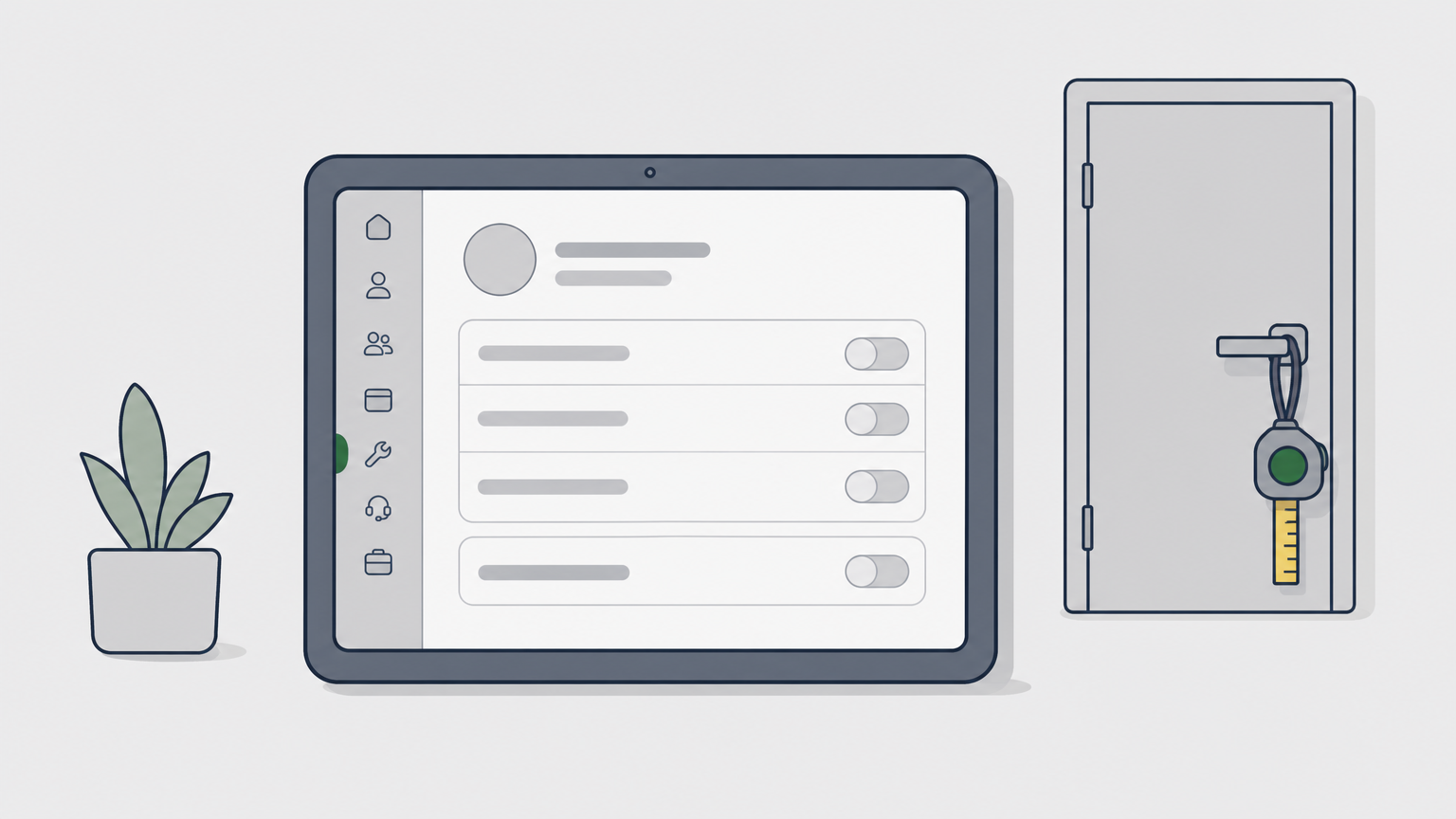 A tablet displaying admin account settings sits near a conference room door with a tape measure.