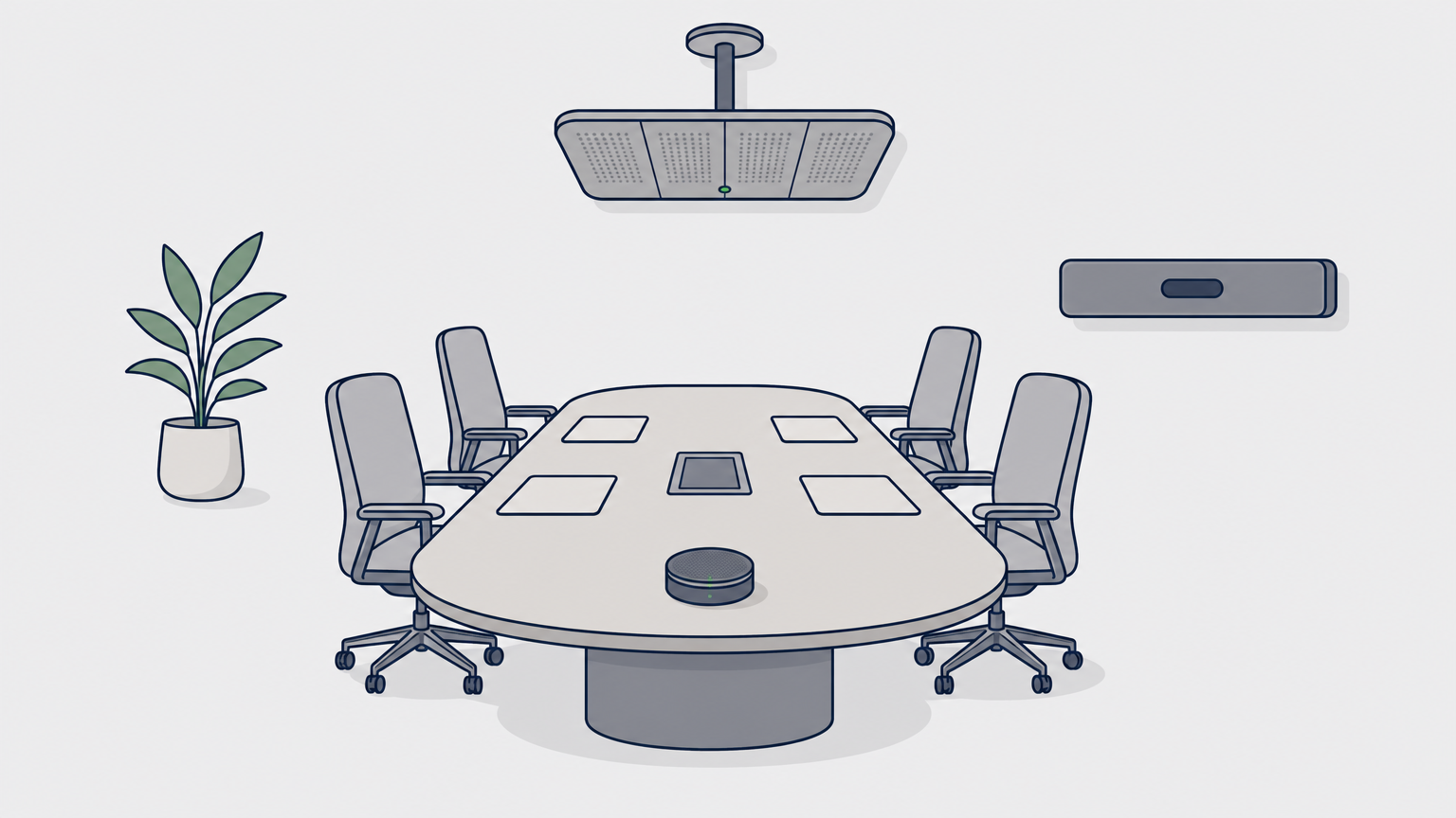 A ceiling microphone array, wall-mounted soundbar, and table microphone puck arranged in a boardroom setting.
