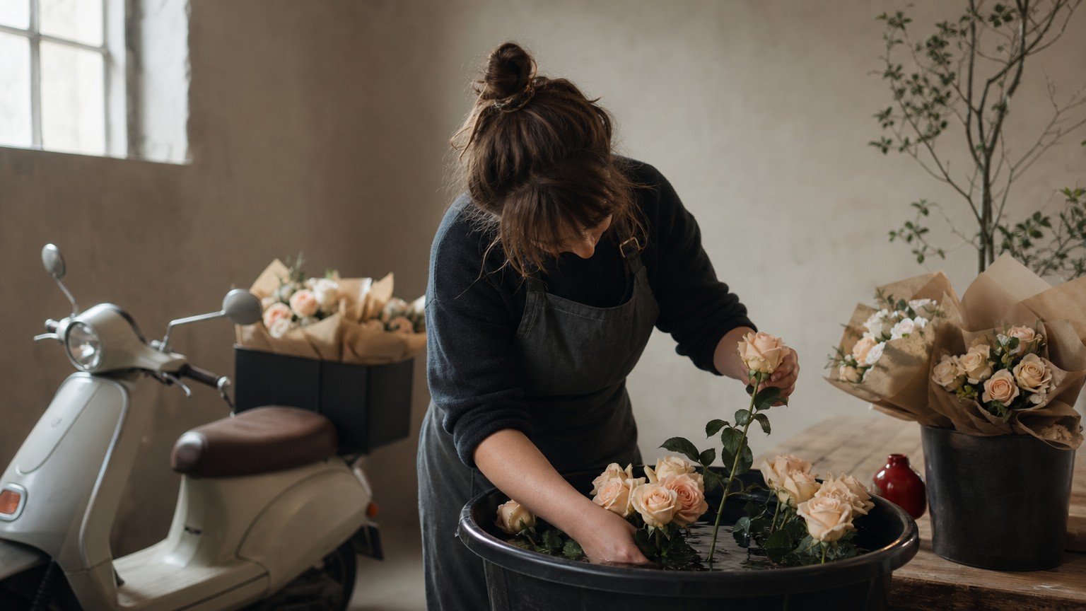 A florist checks freshly cut roses beside packed bouquets ready for delivery.