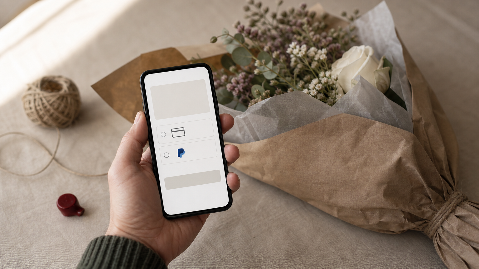 A smartphone displays a flower checkout page with card and PayPal payment options above a wrapped bouquet.