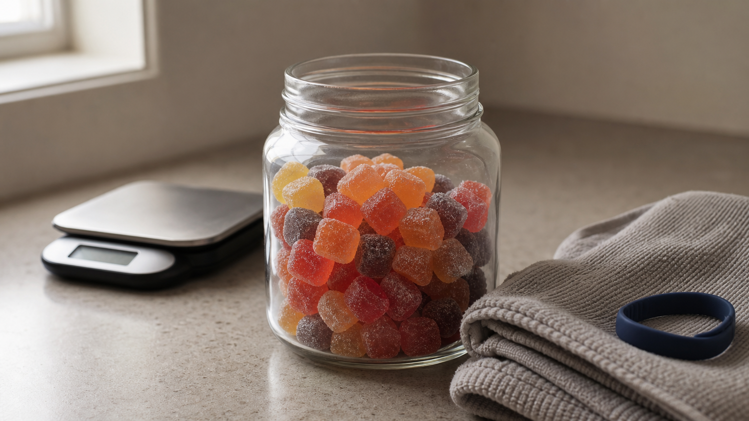 A jar of fruit-flavored creatine gummies sits beside a small scale and a folded gym towel.