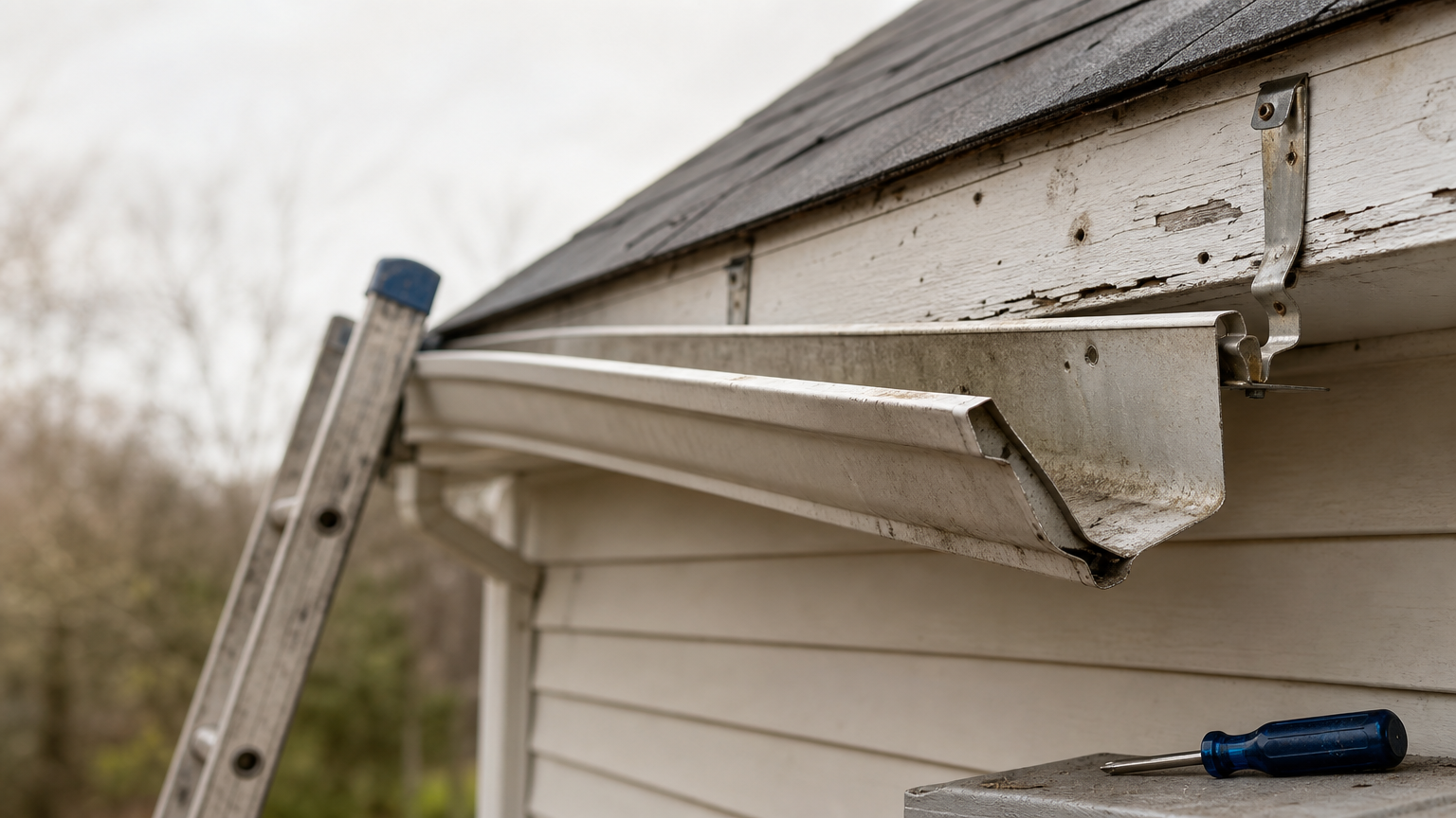 A sagging gutter section has pulled away from the fascia board near a ladder.