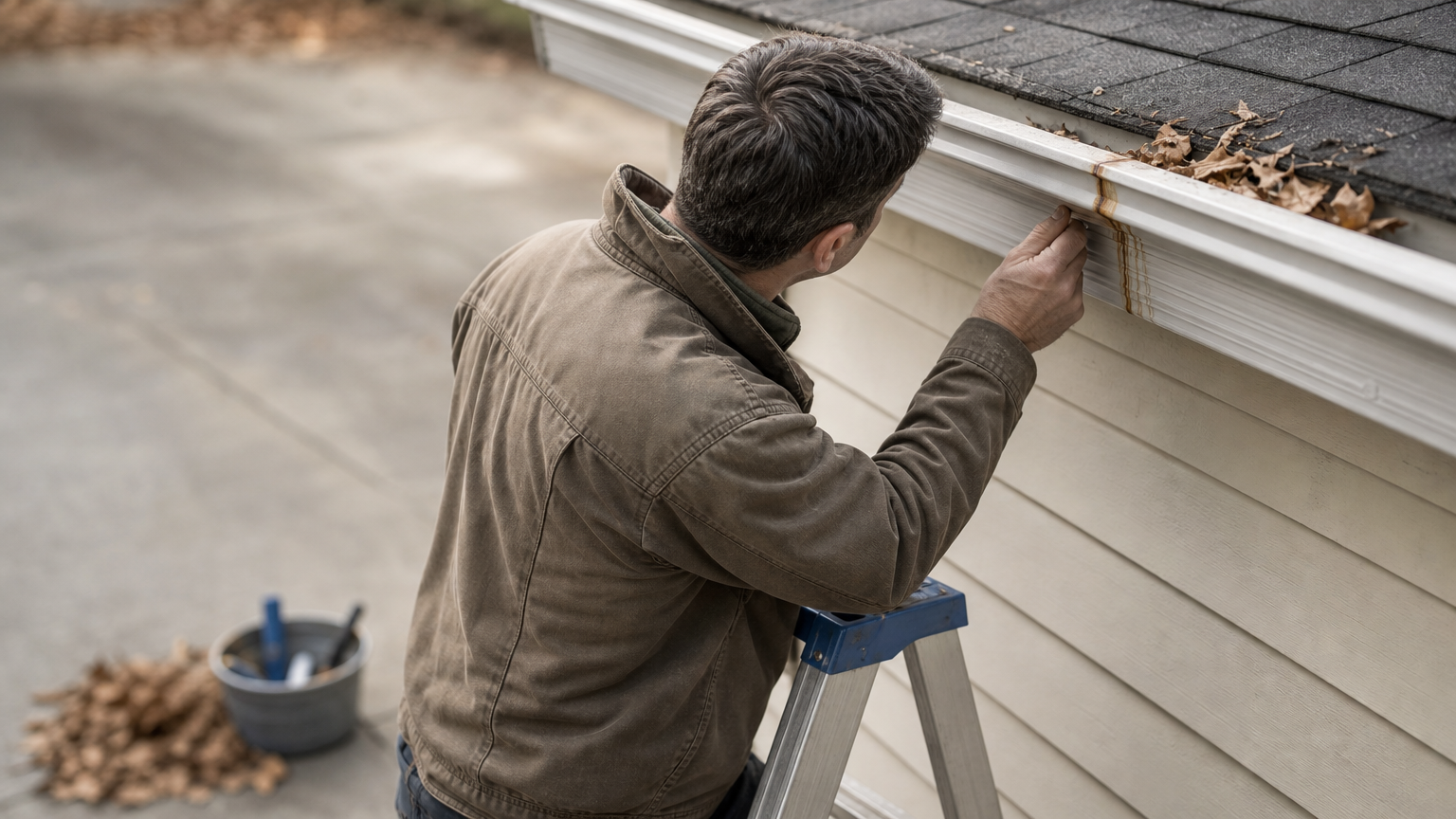 A homeowner on a ladder checks a gutter seam for rust streaks and debris.