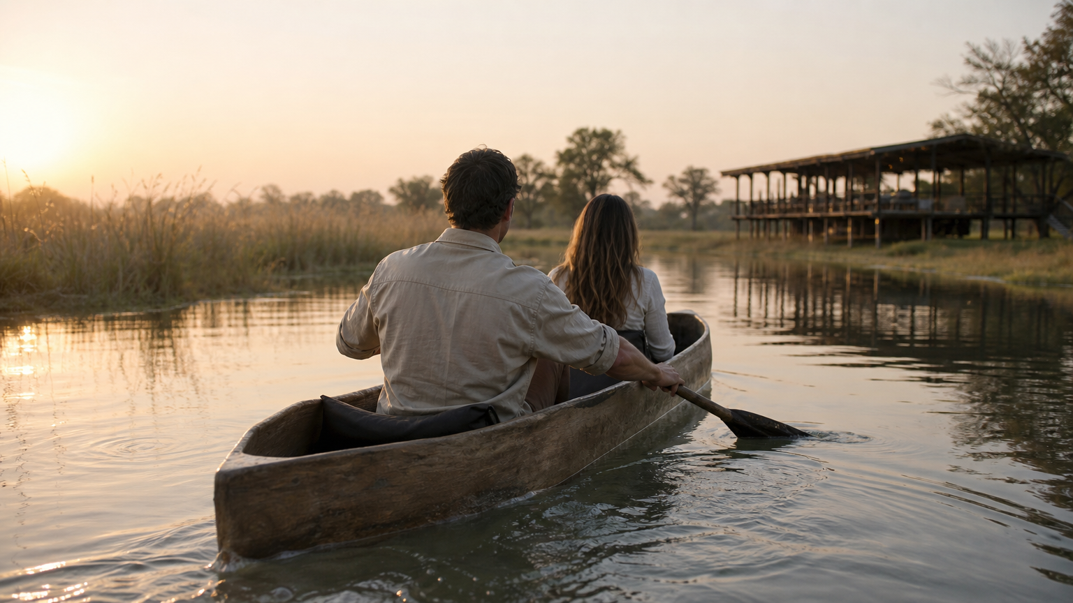 A couple paddles a traditional mokoro canoe together on calm water at sunrise.