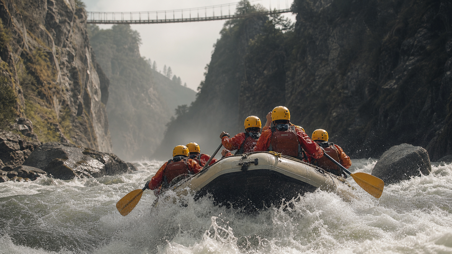 A raft full of paddlers navigates whitewater rapids in a deep gorge below a bridge.