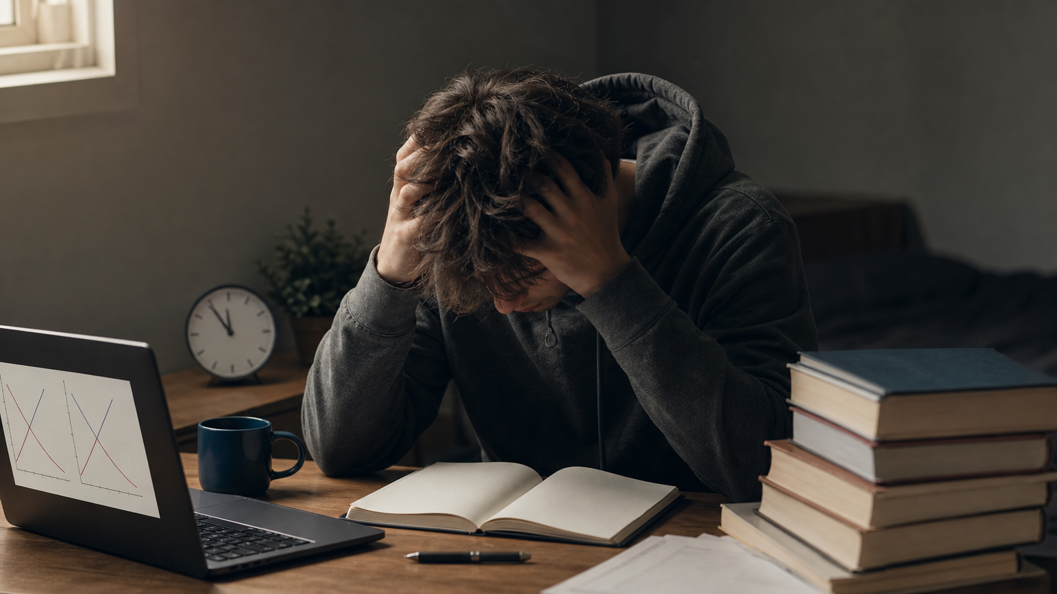 A student sits at a cluttered desk at night studying economics graphs on a laptop.