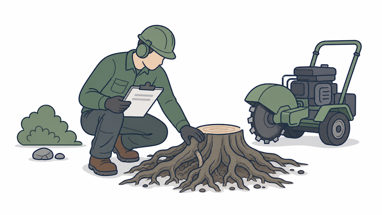 An arborist kneels beside a tree stump inspecting its roots with a grinder machine parked nearby.