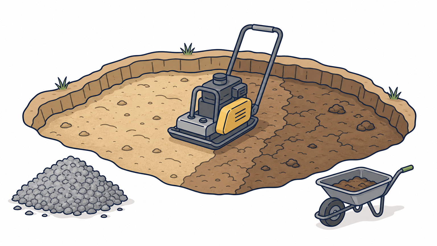An outdoor excavation area showing different soil types being prepared with a compactor for paver base work.
