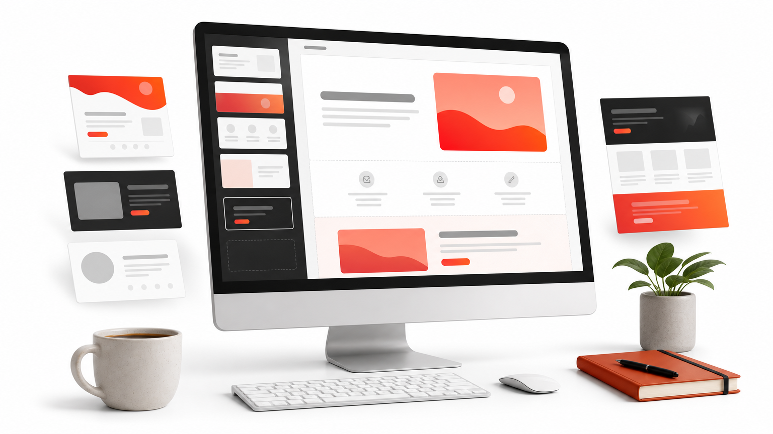 A designer's desk with a monitor displaying saved website section thumbnails in a builder interface.