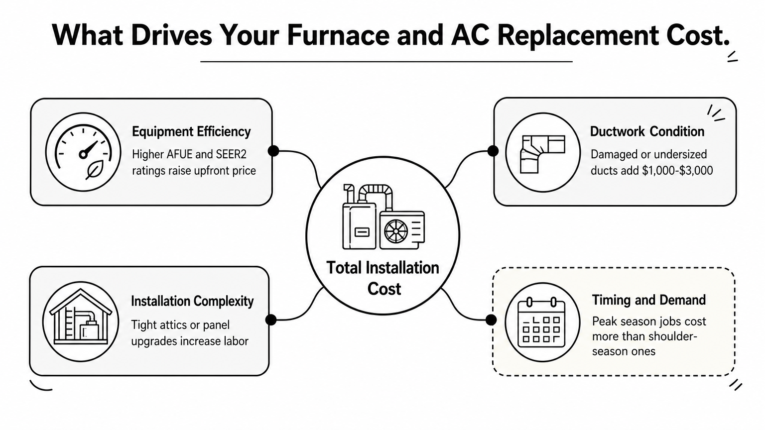 Hub diagram showing four factors branching from total HVAC installation cost: efficiency, ductwork, complexity, and timing.