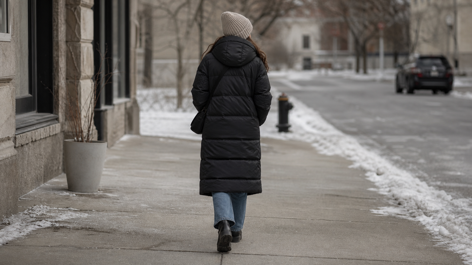 A woman wearing a long puffer jacket, jeans, and boots walks down a snowy city sidewalk.