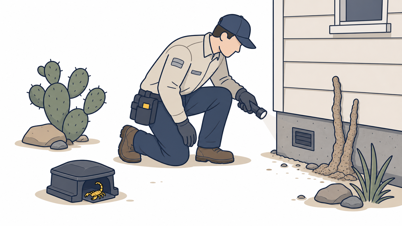 A technician examines a home's foundation for termites and scorpions in a desert backyard.
