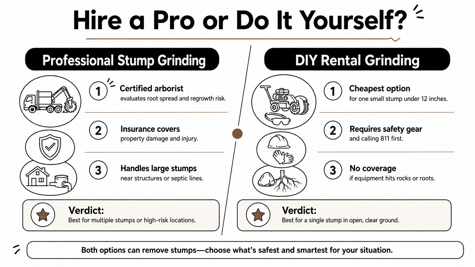 Infographic comparing professional stump grinding services against DIY rental grinding across cost, safety, and suitability.