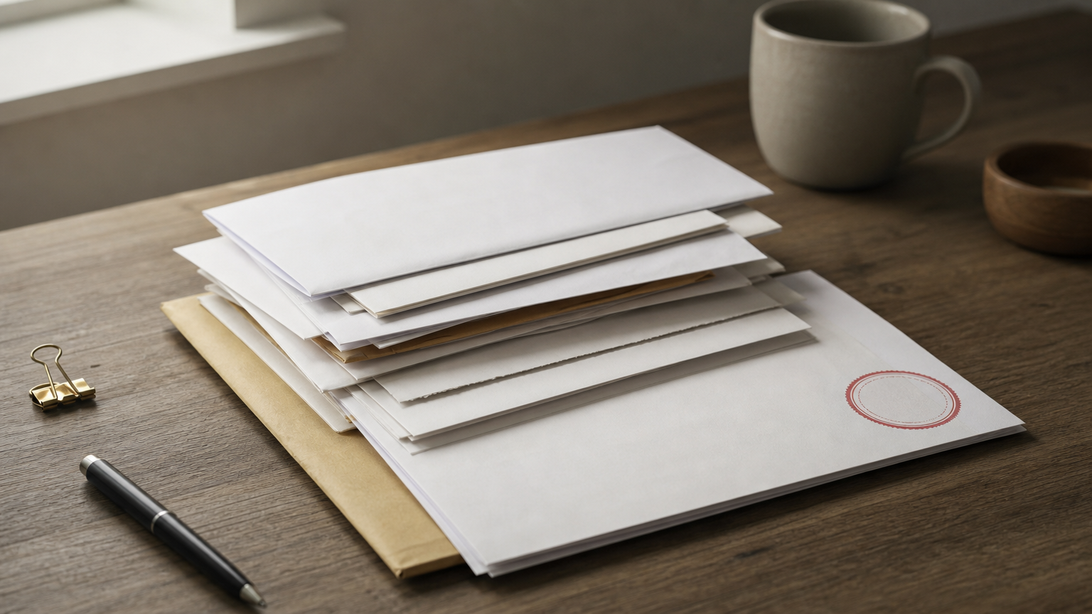 A pile of letters progressing toward a stamped court summons document on a desk.
