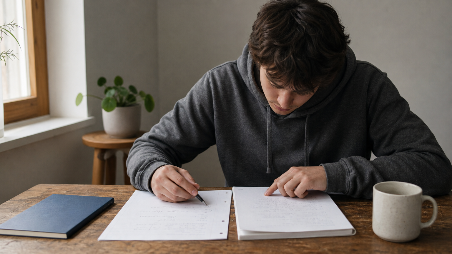 A student compares a printed solution sheet to their own handwritten homework at a desk.