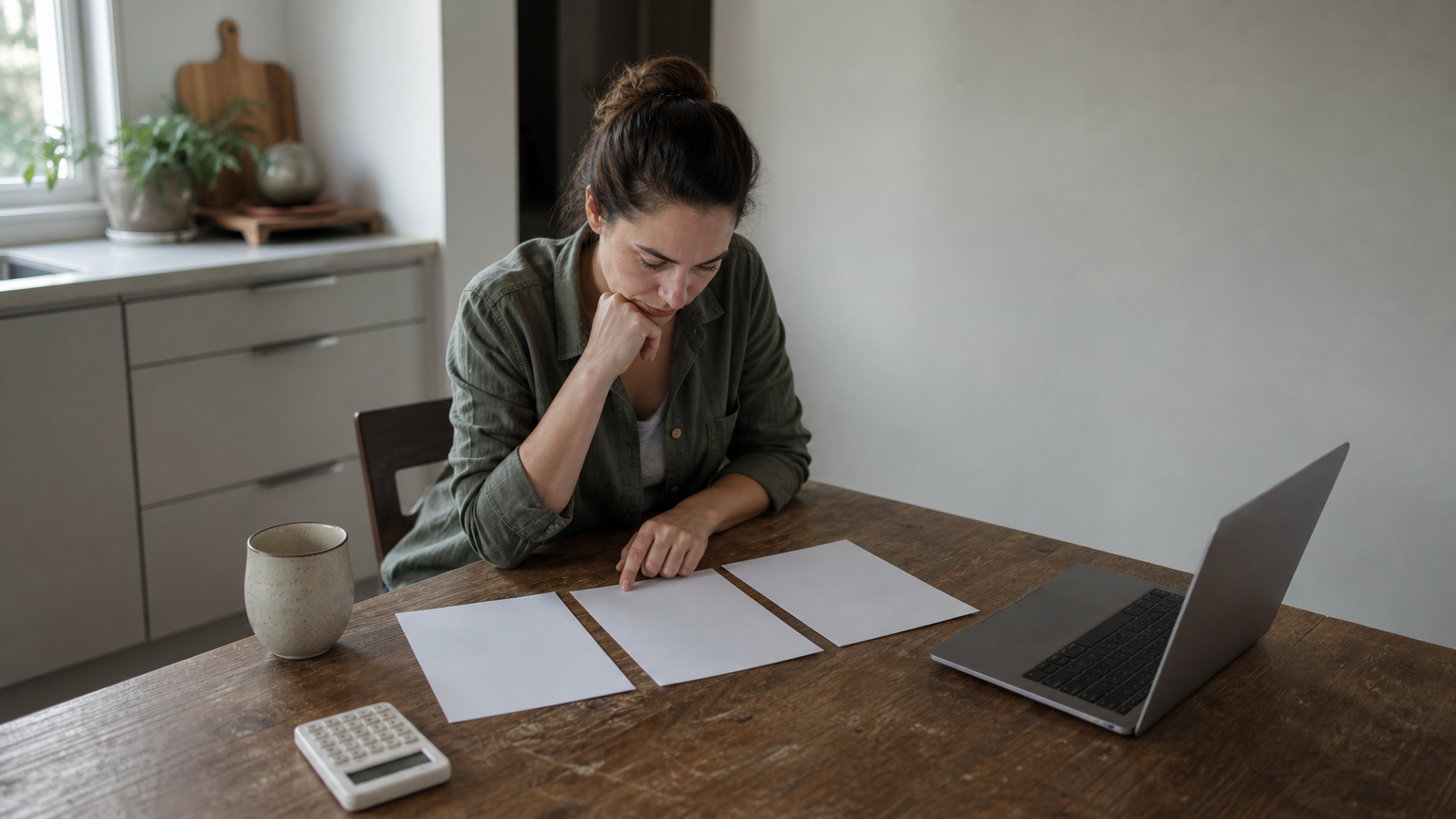 Homeowner reviewing three printed HVAC quotes at a kitchen table with a calculator and laptop.