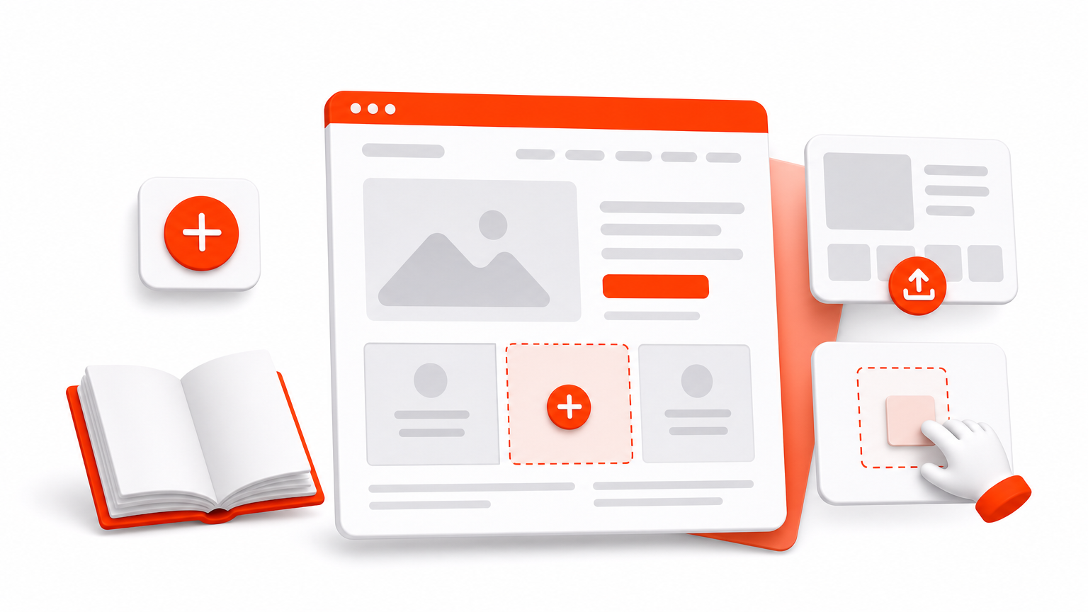 A four-step process diagram showing how to open, add, upload, and place a website section.