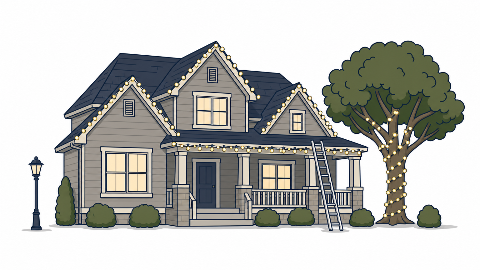 A crew installs string lights along a steep gabled roofline and a wrapped tree at dusk.