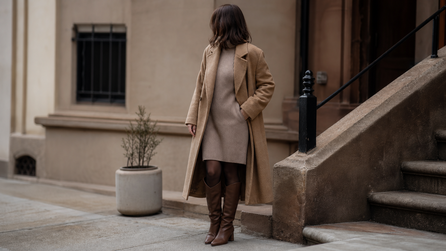A woman wears a camel wool coat over a sweater dress with leather boots on a city street.