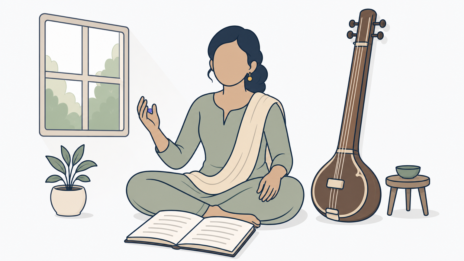 A singer sits with an open notation notebook and a tanpura beside them in soft morning light.