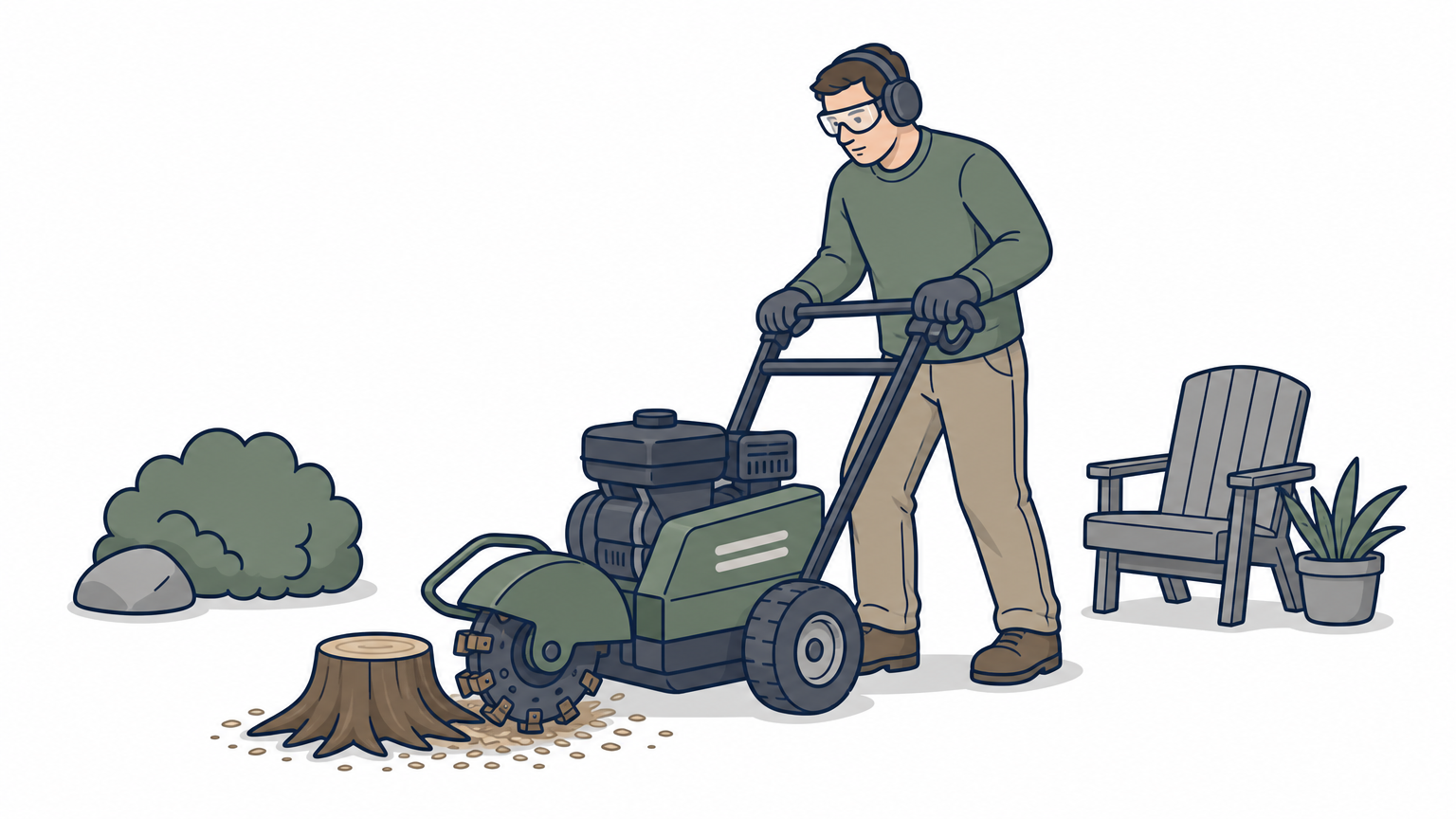 A homeowner wearing safety goggles operates a rented stump grinder over a small backyard stump.