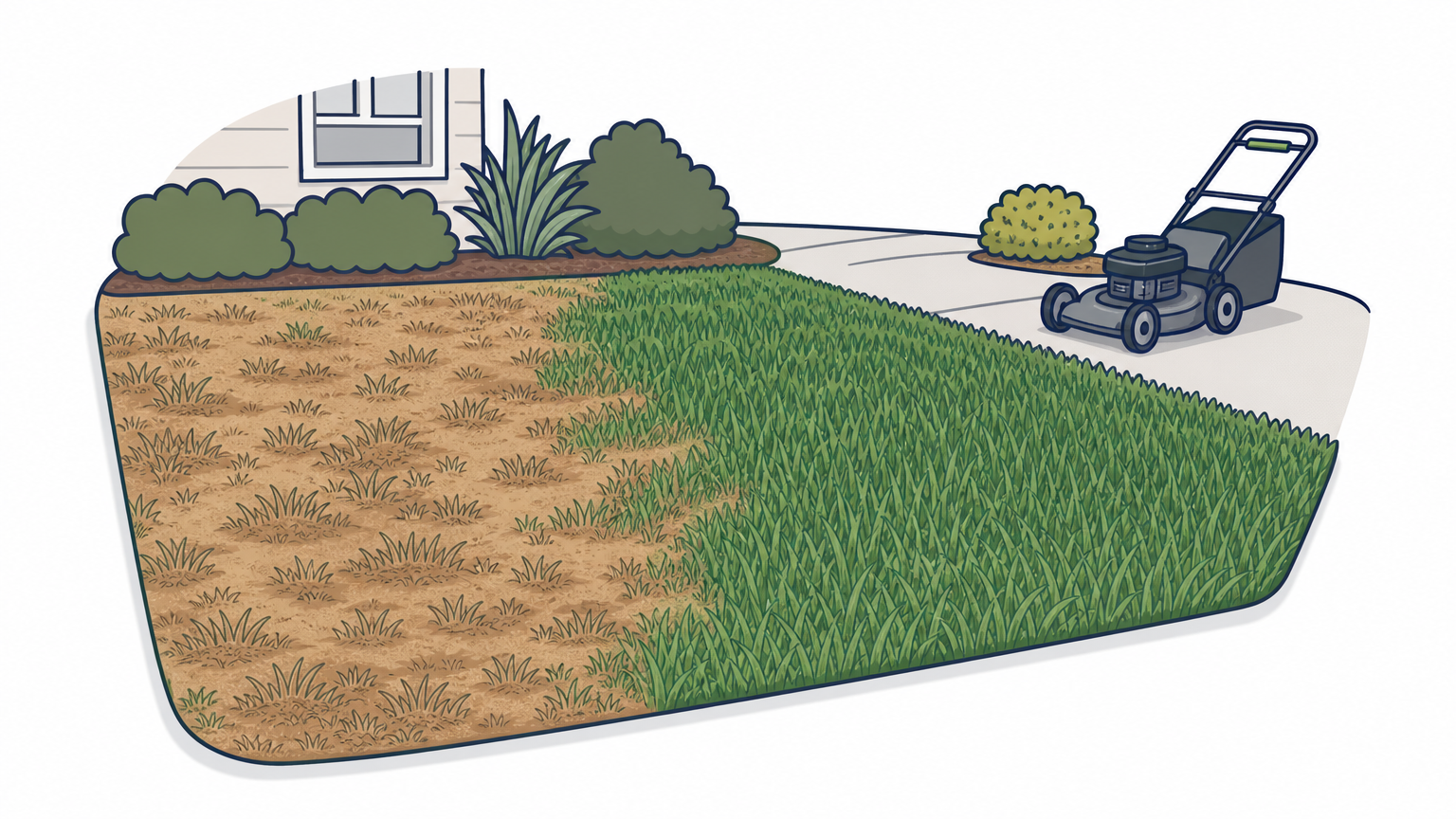 A brown, patchy lawn contrasts with a neighboring healthy green lawn and a parked mower.