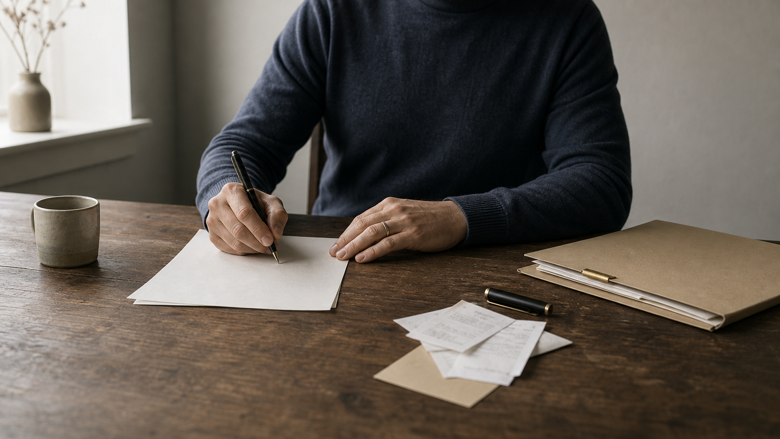 A person writing a formal reply letter surrounded by document folders and receipts on a desk.