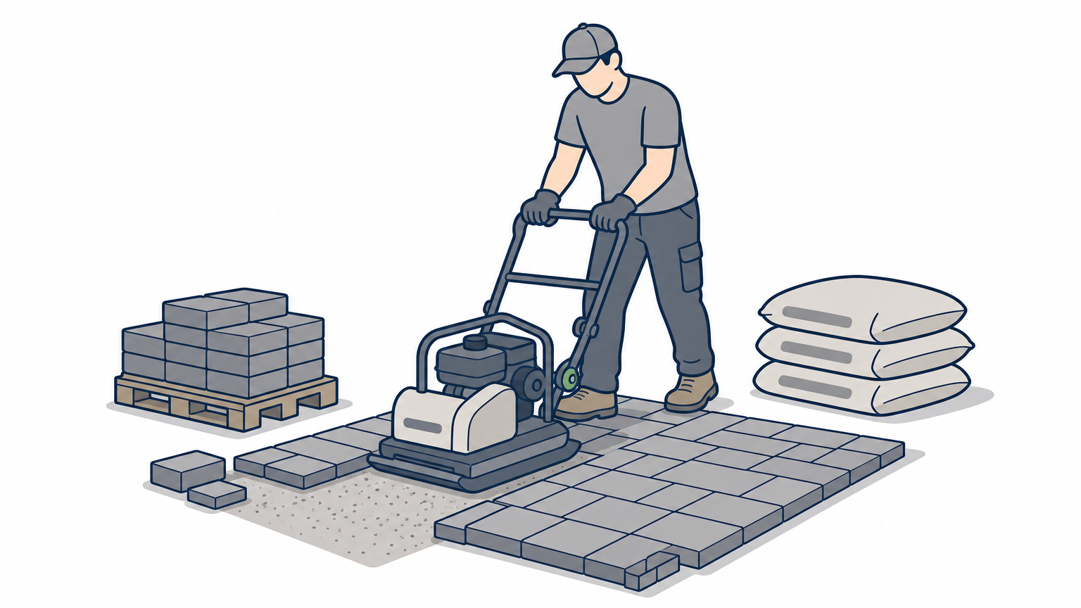 A homeowner operating a plate compactor on a partially completed paver patio surrounded by stacked pavers.
