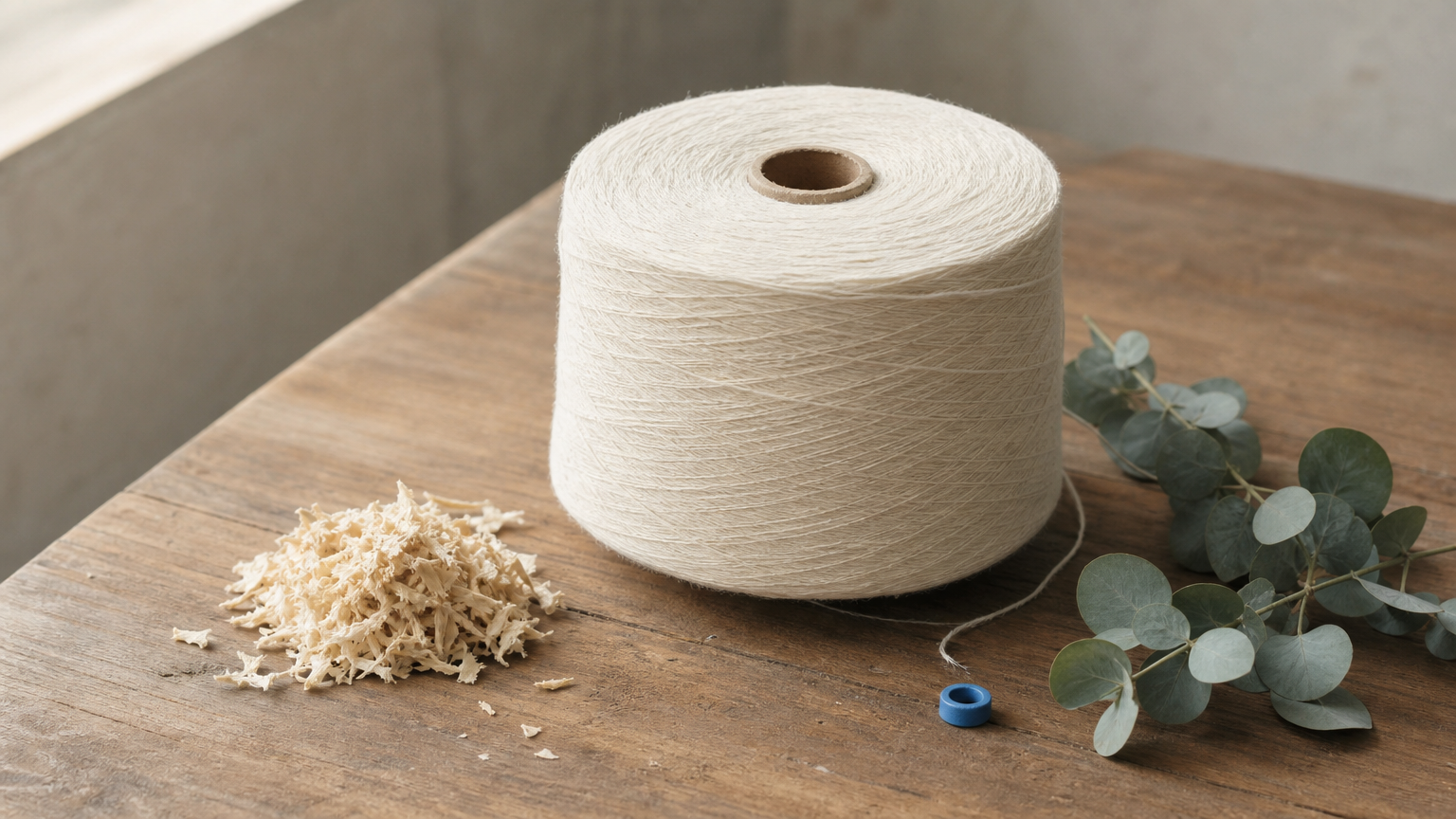 Smooth cellulose fiber yarn next to raw wood pulp and a eucalyptus branch.