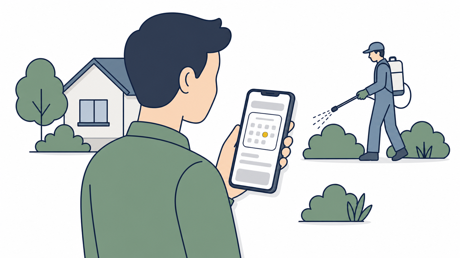 A homeowner views a scheduling app on a phone while a technician treats the yard behind them.