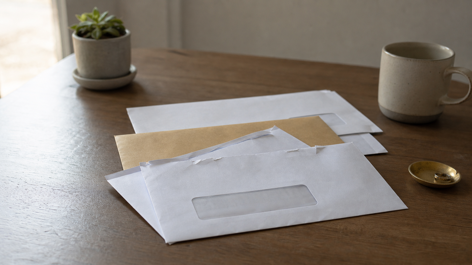 Multiple envelopes from different senders such as a bank and a government office laid on a table.