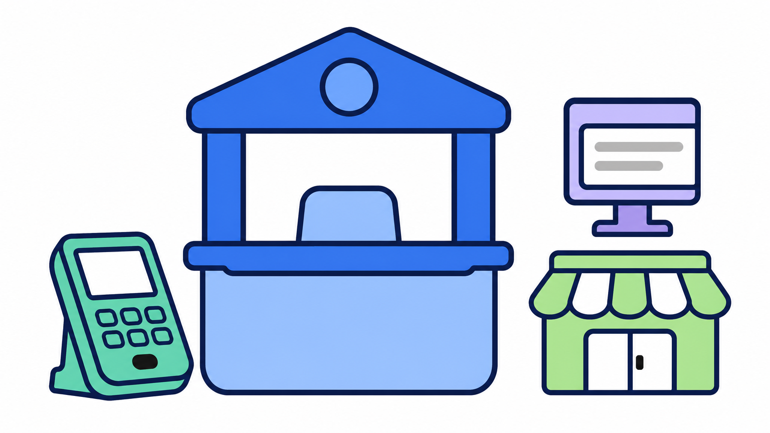 A bank counter, airline ticket screen, and retail storefront represent large-scale payment processing clients.
