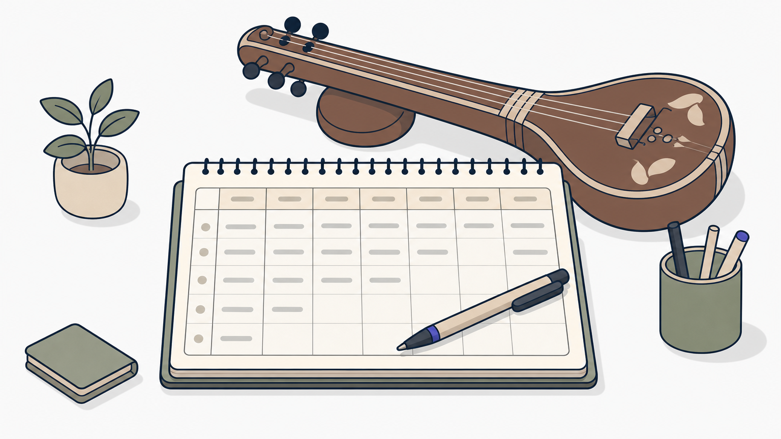 A handwritten weekly planner lies open on a desk beside a pen and a tanpura.