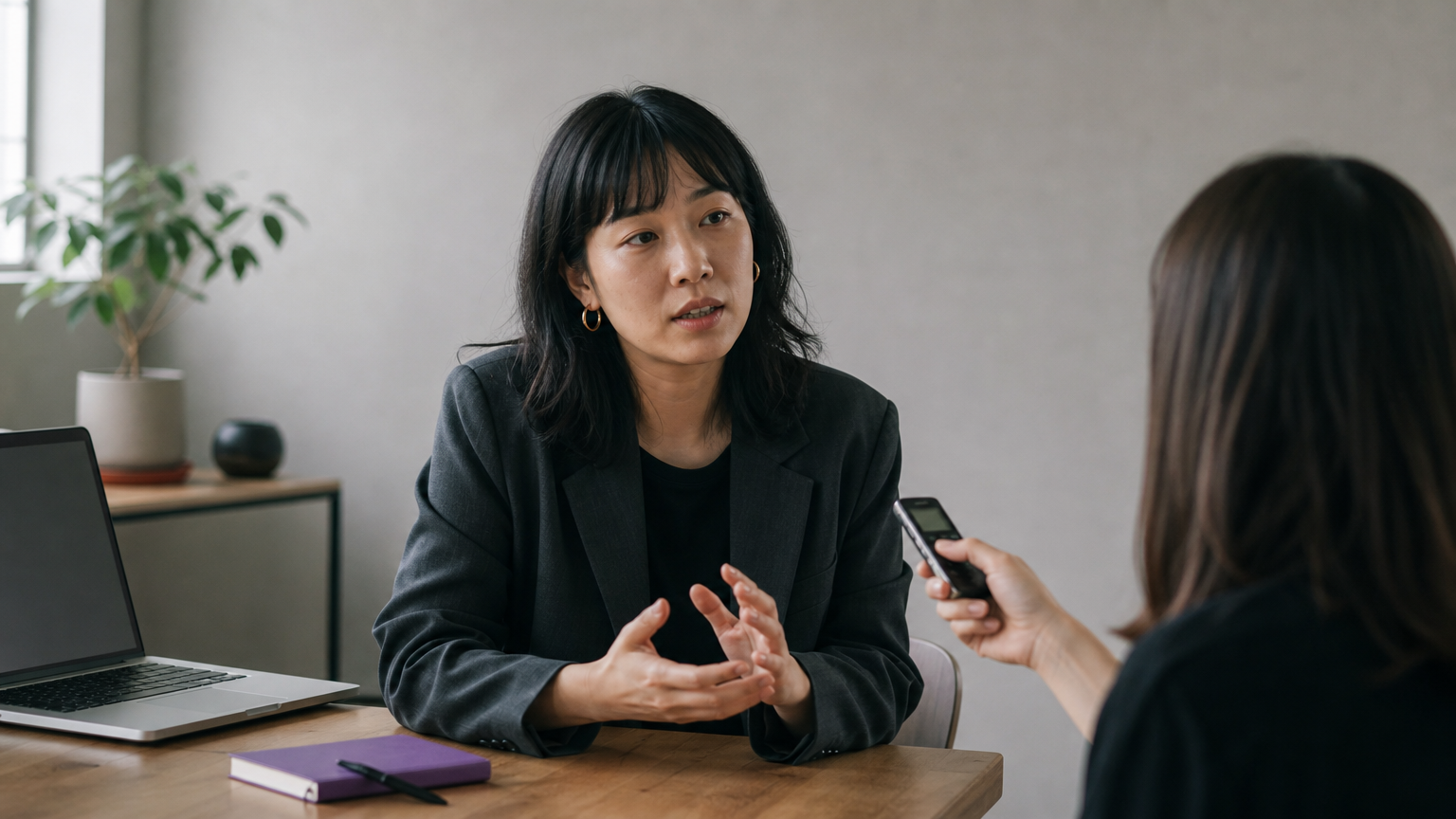 A journalist interviews a tech company spokesperson while a laptop shows a news article.