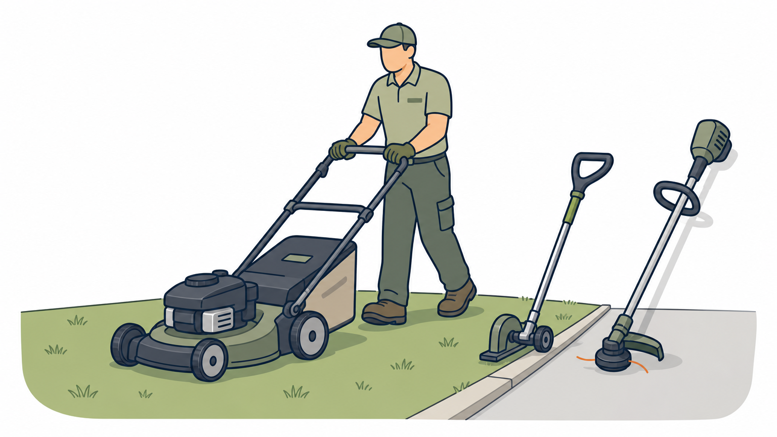 A landscaper mows a lawn with edging and trimming tools set beside a paved driveway.