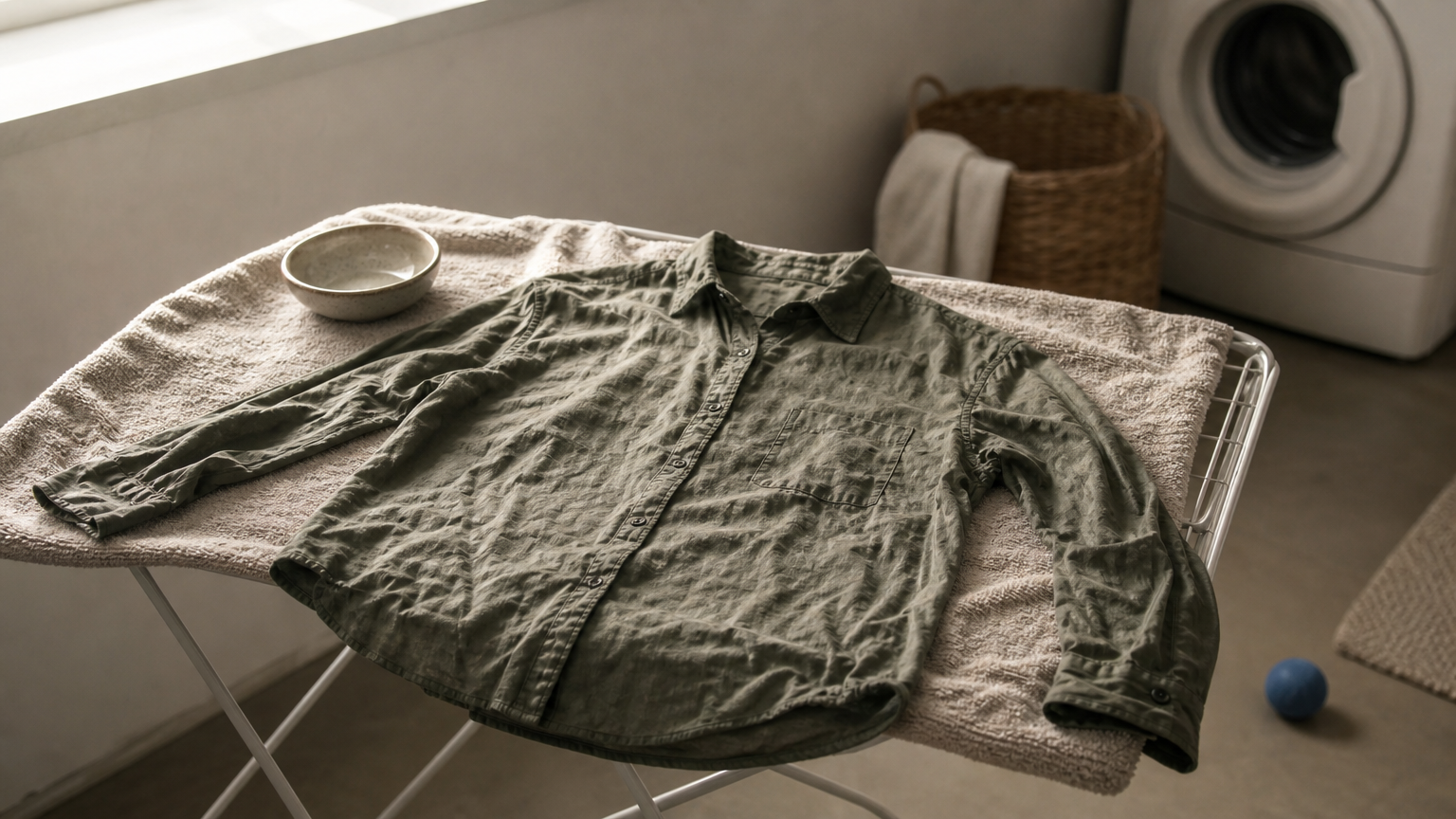 A damp lyocell shirt drying flat on a towel instead of in a tumble dryer.