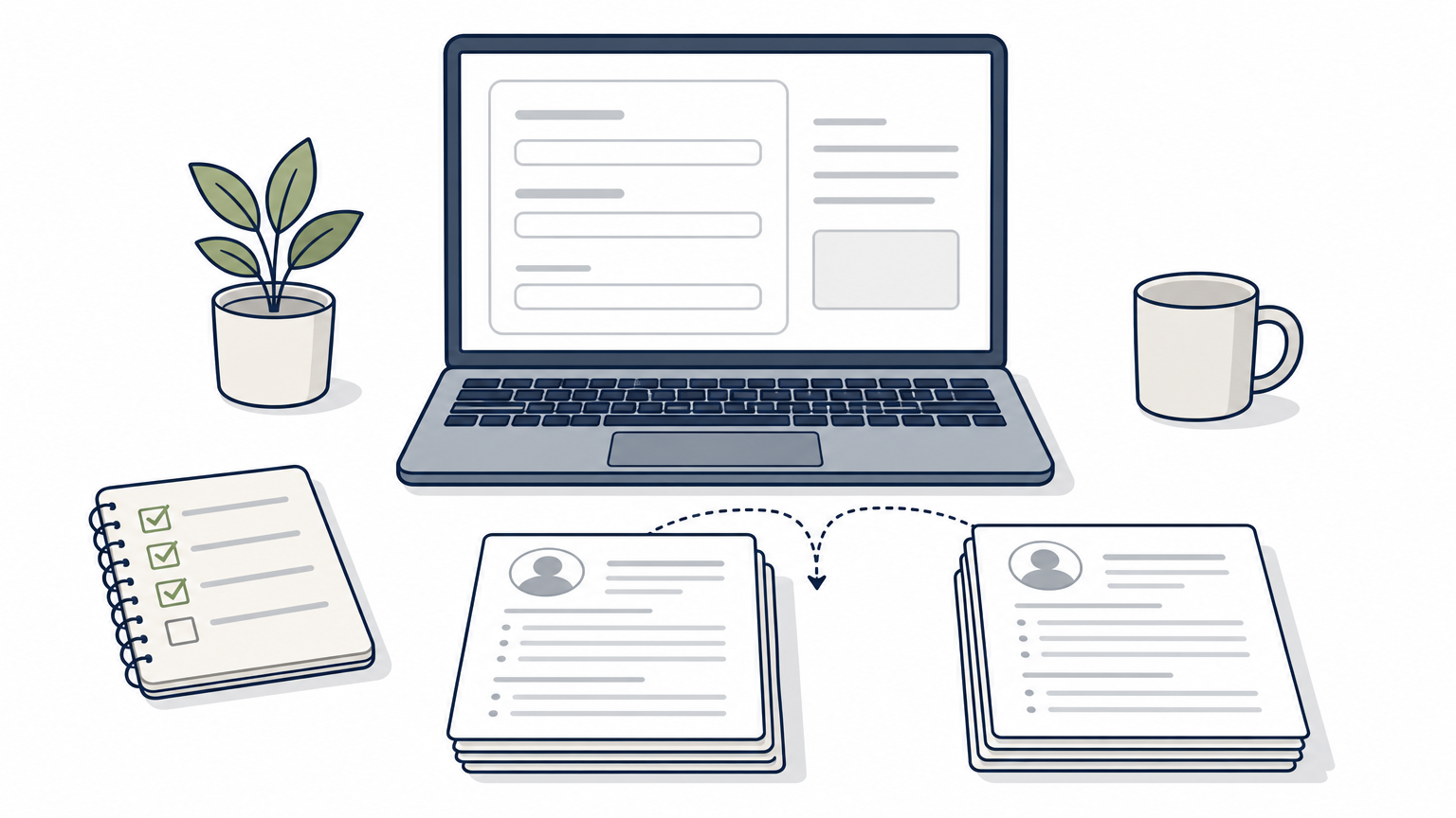 A laptop and notepad on a desk used for screening freelance developer applications.