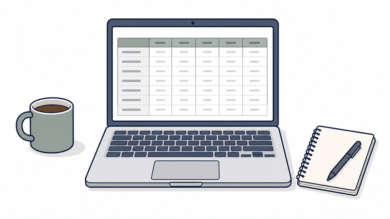 A laptop displays a spreadsheet-style data table next to a notebook and coffee cup.